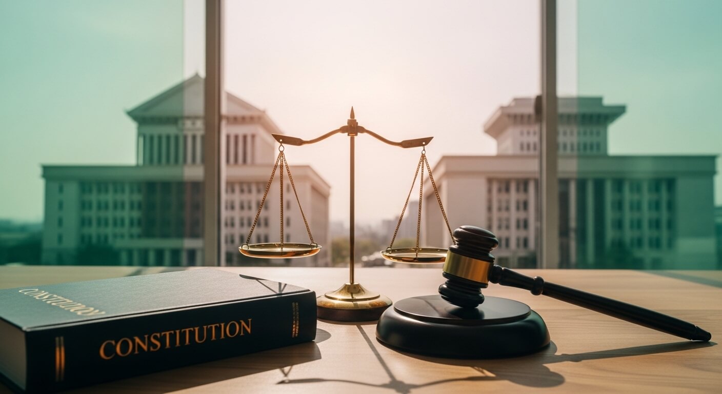 의사봉+양쪽저울+CONSTITUTION 이 탁자위에 놓여있다