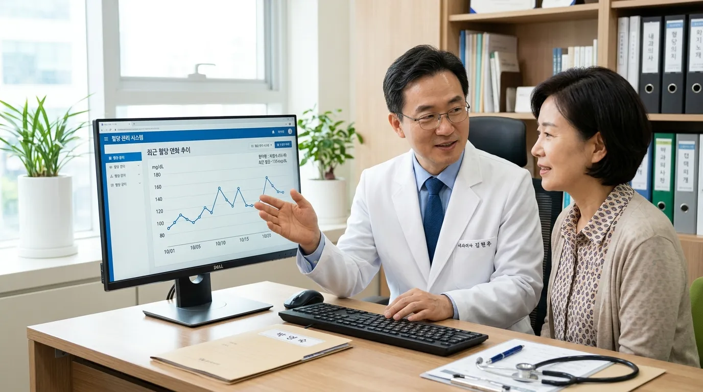 내과 진료실에서 혈당 관련 상담하는 장면
