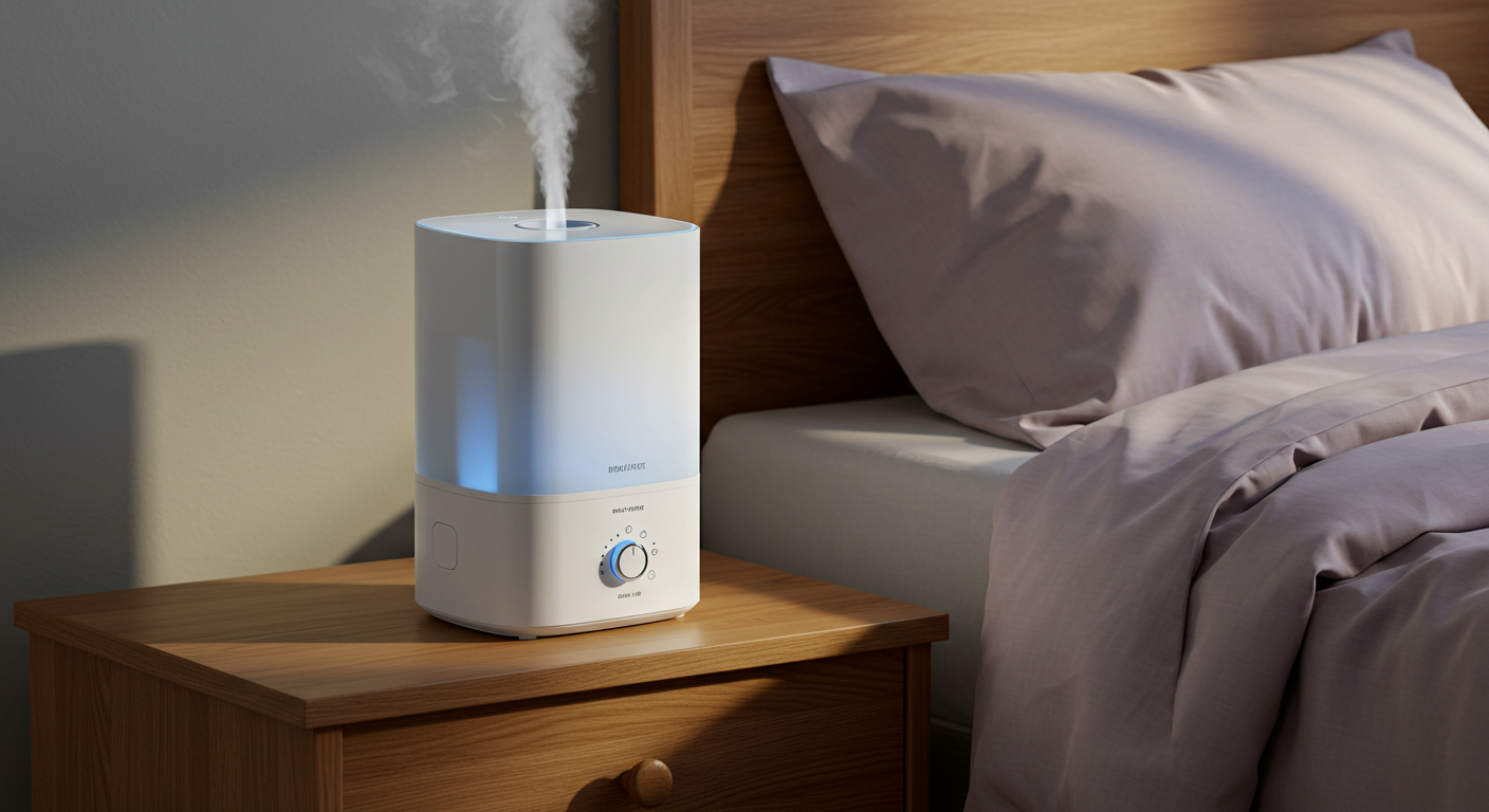 침대옆에 가습기가 틀어져 있다.