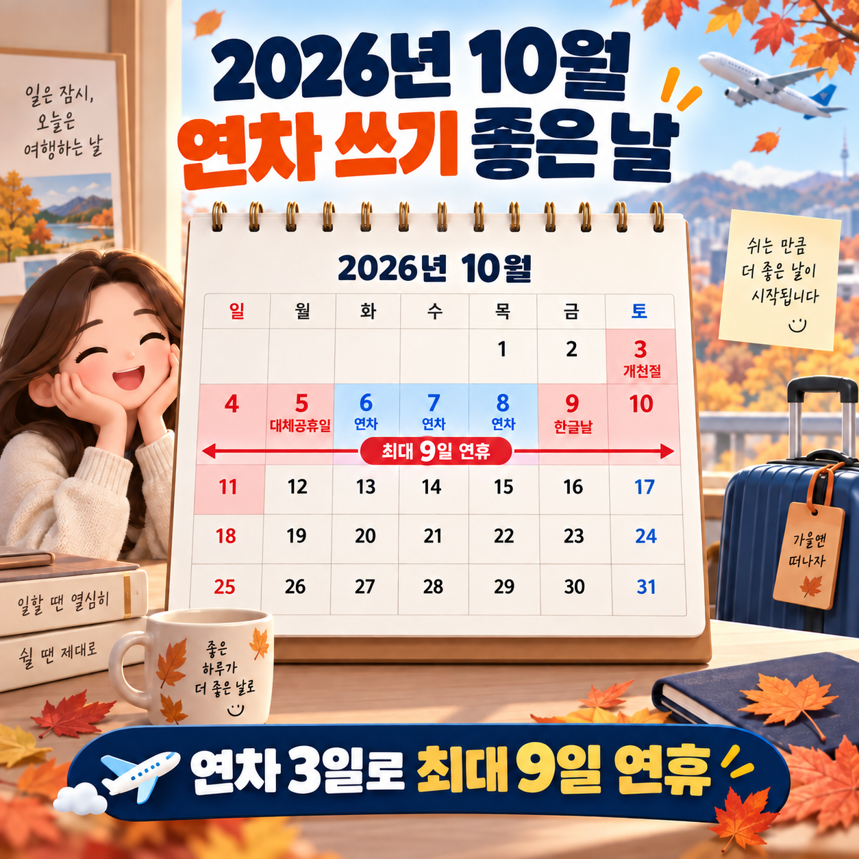 2026년 10월 연차 쓰기 좋은 날 - 연차 3일로 최대 9일 연휴 만들기