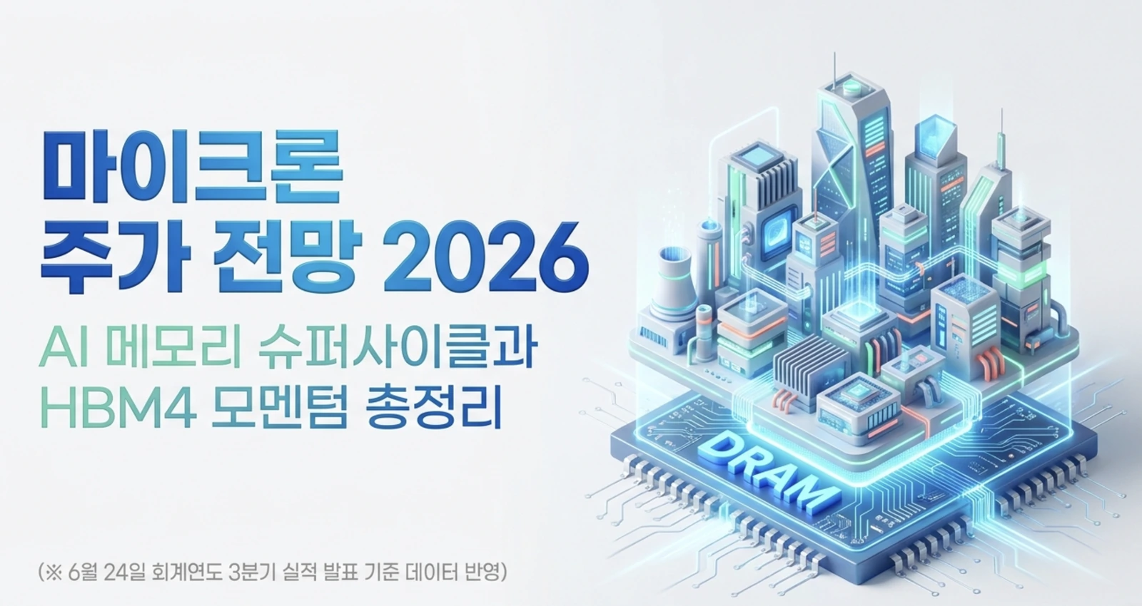 마이크론 실적 발표: 2026과 AI 메모리 슈퍼사이클&middot;HBM4 모멘텀을 정리한 대표 이미지. DRAM 반도체 칩 위에 데이터센터 도시가 솟아오른 일러스트로, 마이크론의 메모리 사업과 AI 인프라 수혜를 시각적으로 전달하며, 회계연도 3분기 실적 발표와 마이크론 주가 전망을 다루는 블로그 글의 핵심 주제를 설명함
