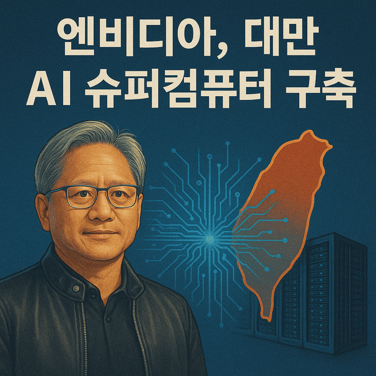 엔비디아 CEO 젠슨 황과 대만 지도, AI 슈퍼컴퓨터 구축을 상징하는 회로도 이미지가 결합된 썸네일. 파란 배경에 '엔비디아, 대만 AI 슈퍼컴퓨터 구축'이라는 제목 텍스트가 강조되어 있음