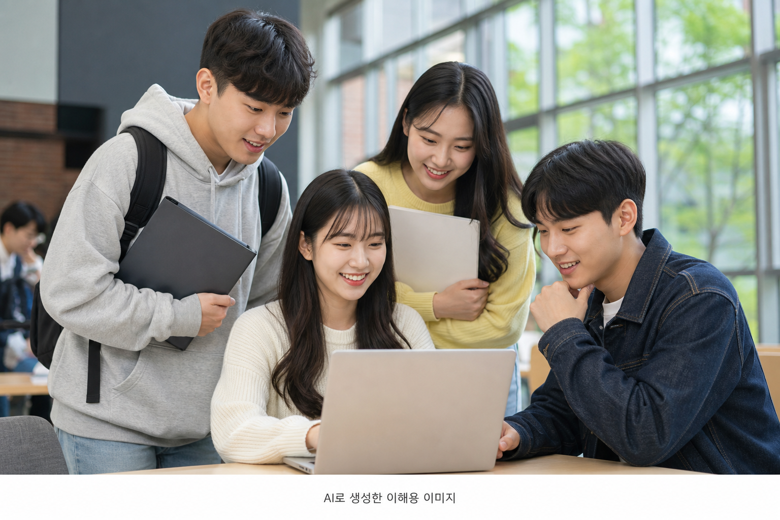 여러 학적의 대학생들이 노트북으로 장학금 신청 정보를 확인하는 모습