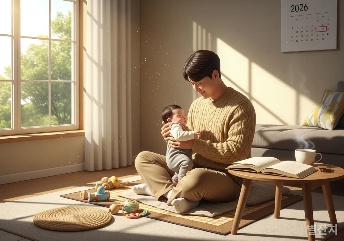 2026년 남성 육아 휴직을 상징하며, 낮 시간에 집에서 아기를 돌보고 있는 한국 아빠의 따뜻하고 포근한 모습
