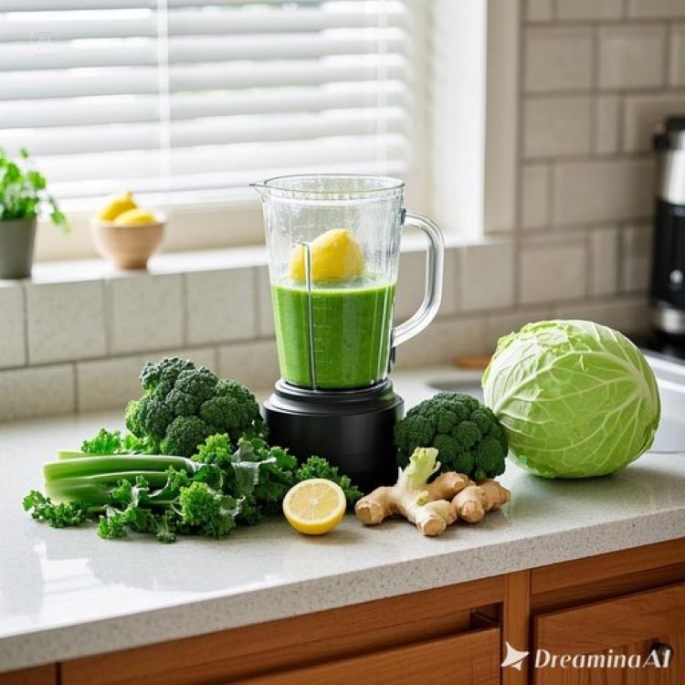 신선한 녹색 채소들(브로콜리, 케일, 양배추)이 아름답게 배치된 깔끔한 주방 카운터. 투명한 블렌더에서 만들어지고 있는 초록색 라이블리 스무디와 함께 레몬, 생강 등이 자연스럽게 놓여있고, 배경에는 밝은 자연광이 들어오는 창문. 건강하고 생기 넘치는 라이프스타일을 상징하는 미니멀하면서도 따뜻한 느낌의 이미지.