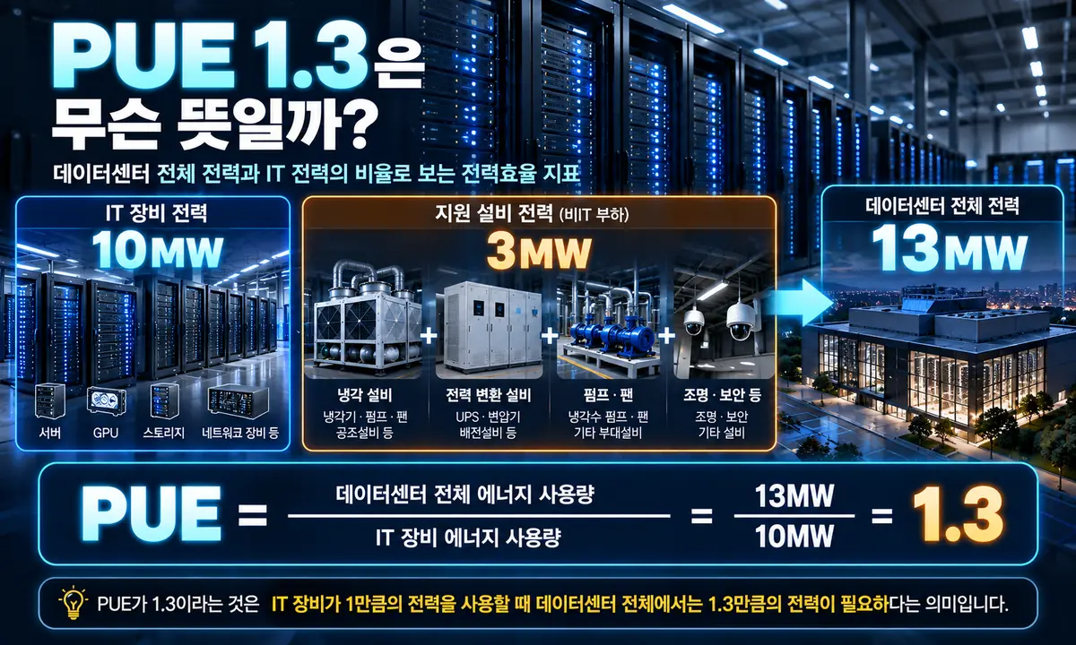 IT 전력 10MW와 전체 전력 13MW로 PUE 1.3을 계산하는 방법