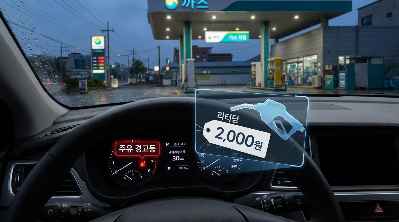 국내 휘발유 가격 2000원 돌파 예고 및 자동차 계기판 경고