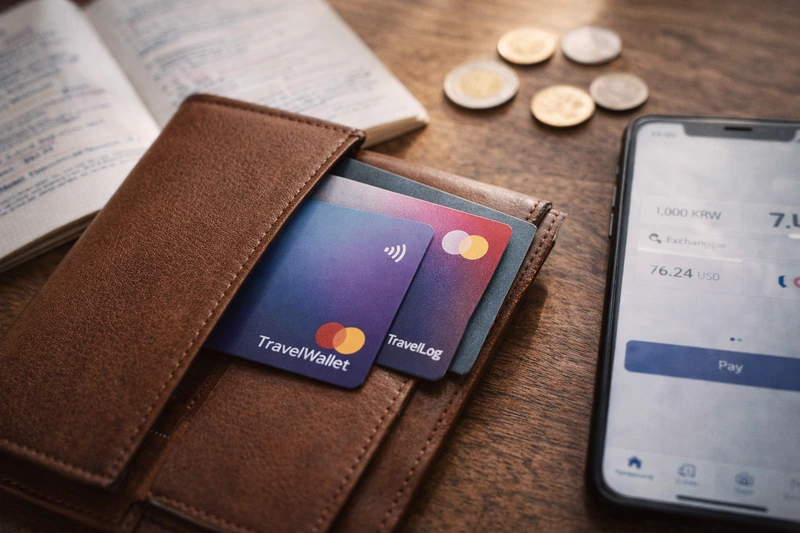 가죽 여행 지갑 안에 트래블월렛과 트래블로그 카드가 함께 꽂혀 있고, 옆에는 여권, 외화 동전, 환율 화면이 표시된 스마트폰이 놓인 여행 준비 테이블 이미지