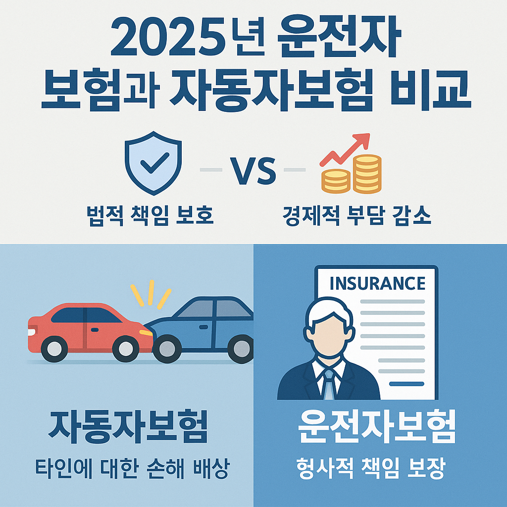 2025년 운전자보험과 자동차보험 비교 인포그래픽, 법적 책임 보호와 경제적 부담 감소 설명 이미지