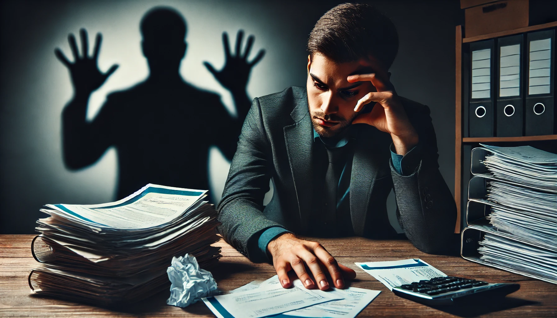 빚에 대한 스트레스를 받는 남성이 책상에 앉아 연체된 청구서를 바라보는 모습