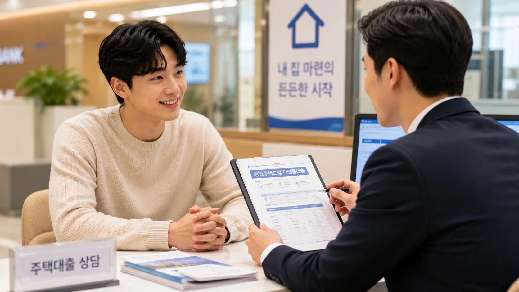 청년주택드림 디딤돌대출 상담을 받으며 내 집 마련을 준비하는 청년 남성 모습