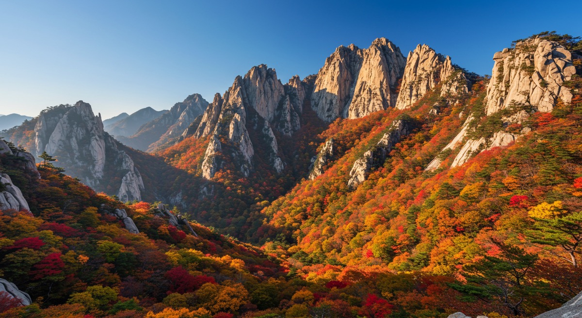 맑은 가을 하늘 아래 붉고 노란 단풍으로 화려하게 물든 설악산 전경