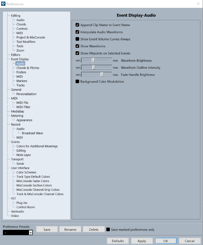 큐베이스 13 환경설정 Event Display - Audio