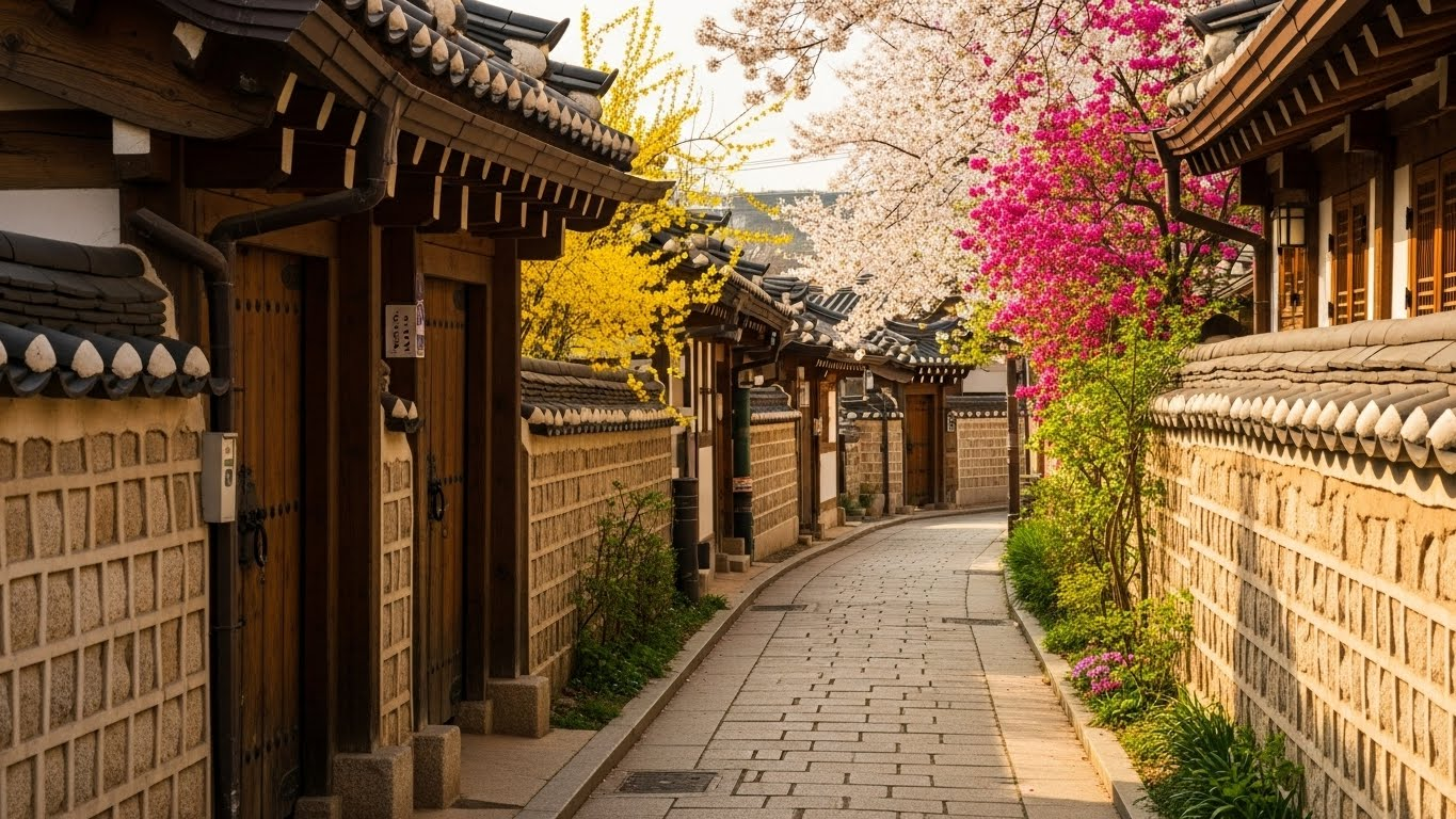 꽃이 핀 한옥 골목