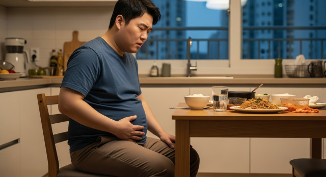복부를 눌러보는 남성