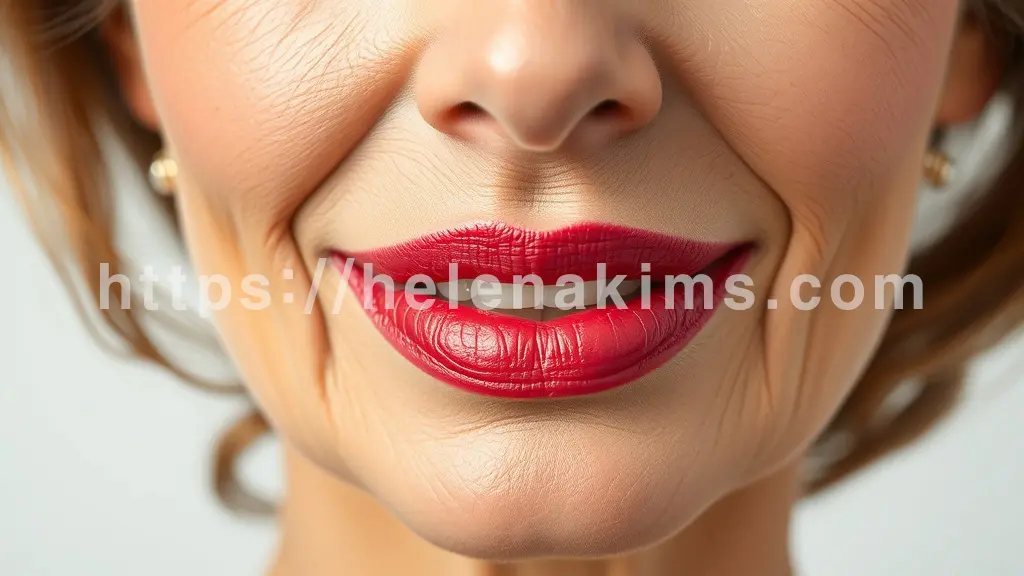 자연스러운 볼륨감과 선명한 입술선, 은은한 윤기가 도는 촉촉하고 건강한 입술이 매력적으로 보이는 50대 여성의 입술 모습.