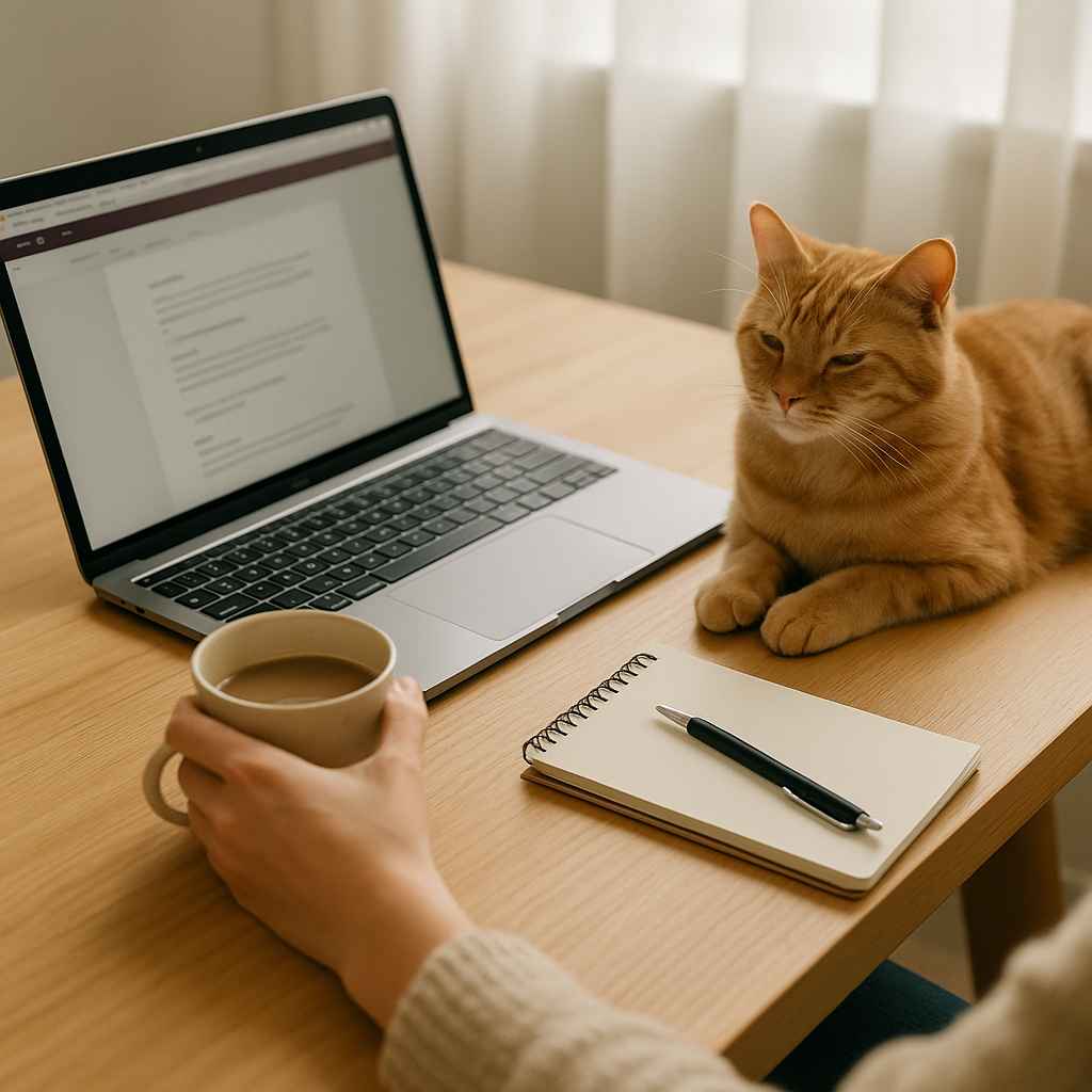 재택근무 중 노트북 옆에 앉은 고양이와 커피를 들고 있는 손