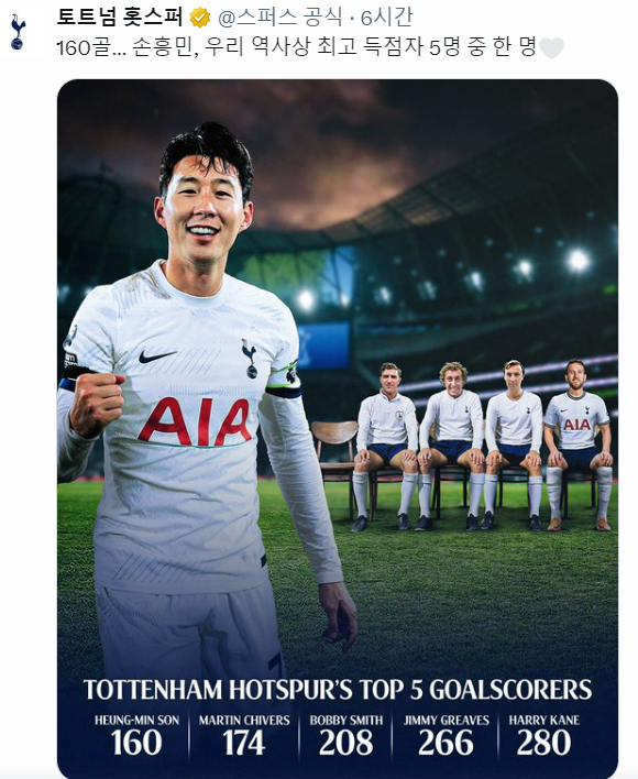 토트넘 손흥민 150골 단독 5위