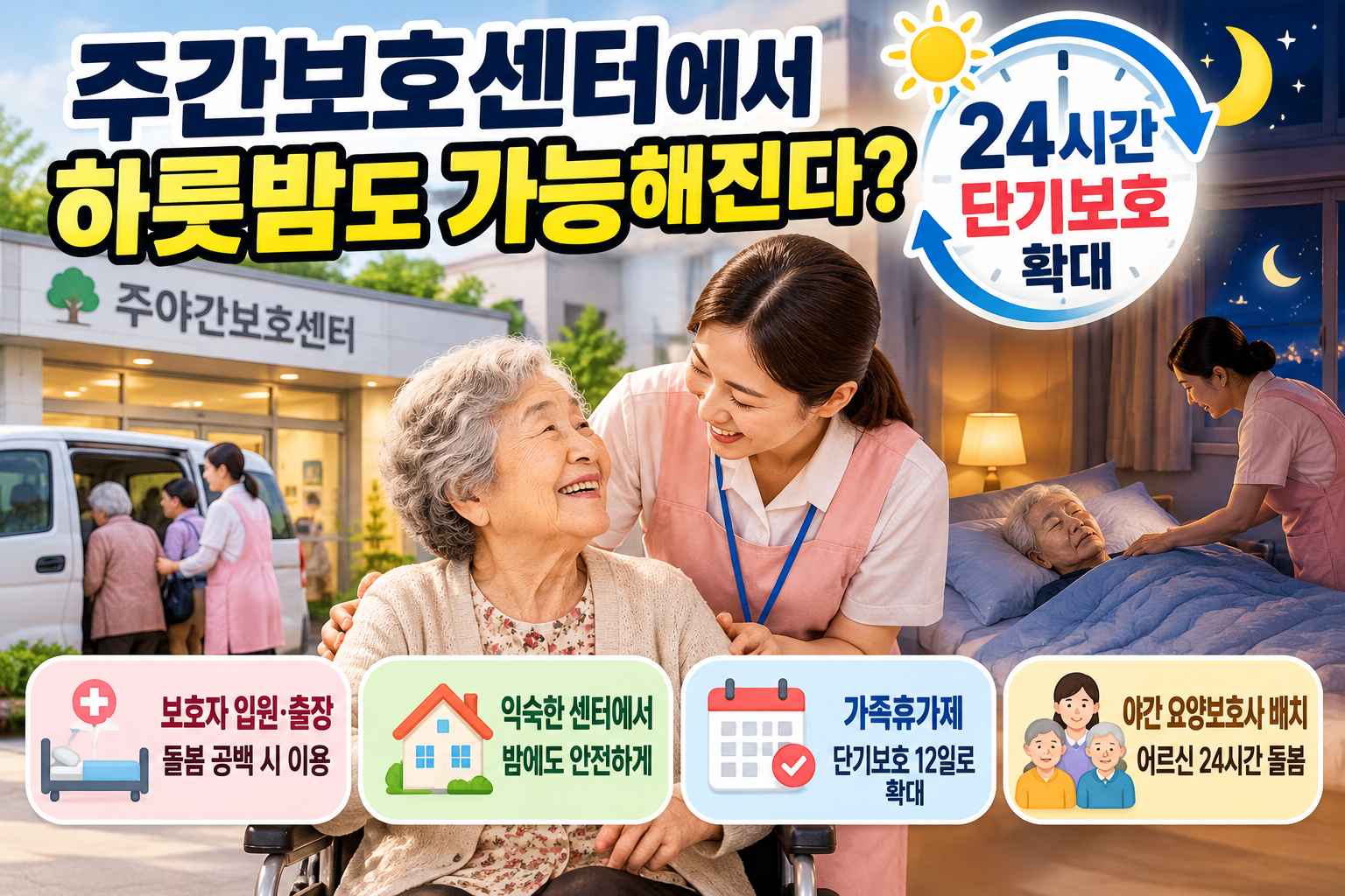 주야간보호센터 24시간 단기보호 확대와 야간 돌봄을 설명하는 어르신과 요양보호사 이미지