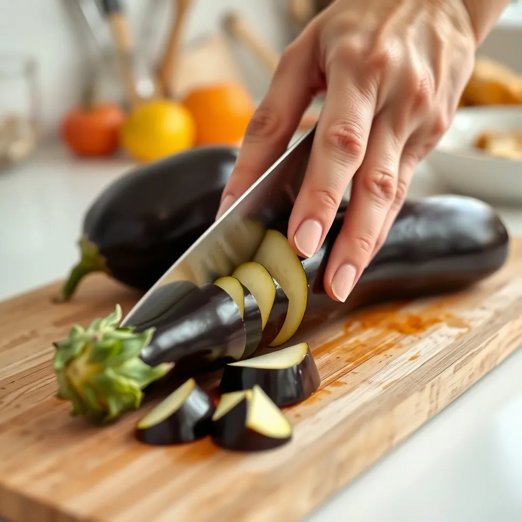 도마 위에 놓인 가지를 칼로 먹기 좋은 크기(예: 길게 반으로 가른 후 4등분 또는 어슷썰기)로 써는 손의 모습입니다. 위생적이고 정돈된 분위기에서 촬영됩니다.