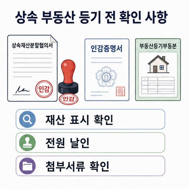상속재산분할협의서와 인감도장, 인감증명서, 부동산 서류를 이용해 상속등기 전 확인사항을 정리한 이미지