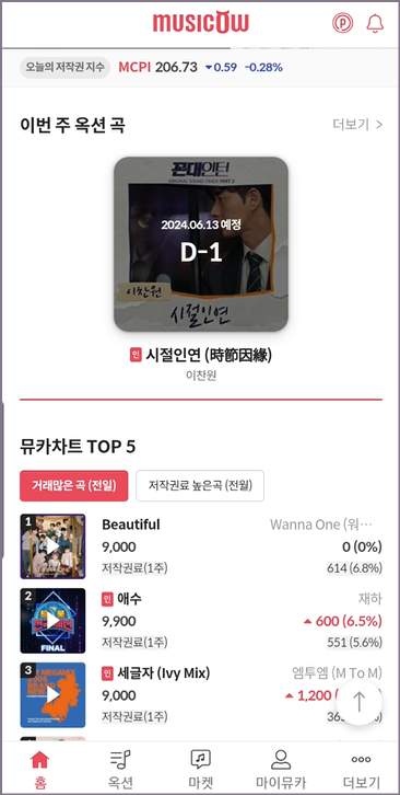 뮤직카우 홈 화면