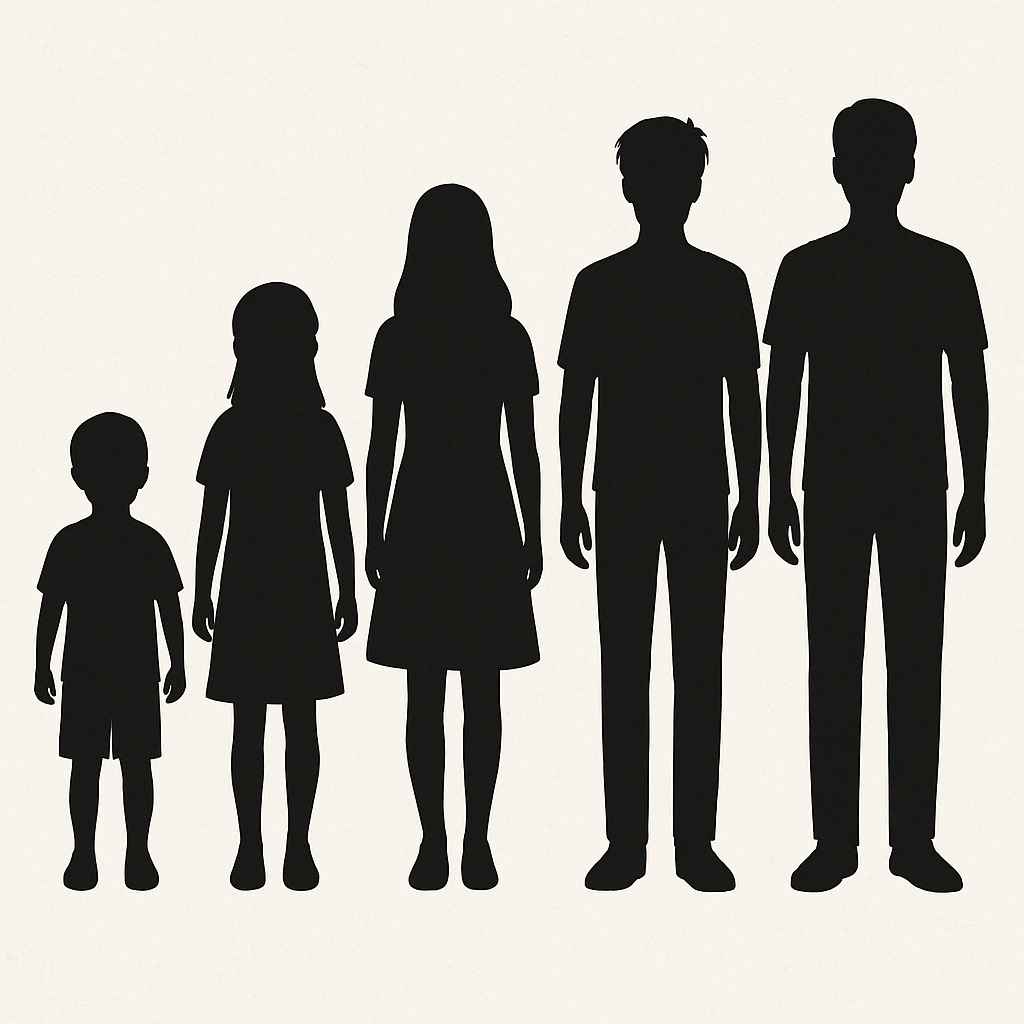 다양한 연령대의 청소년과 어린이 실루엣 이미지