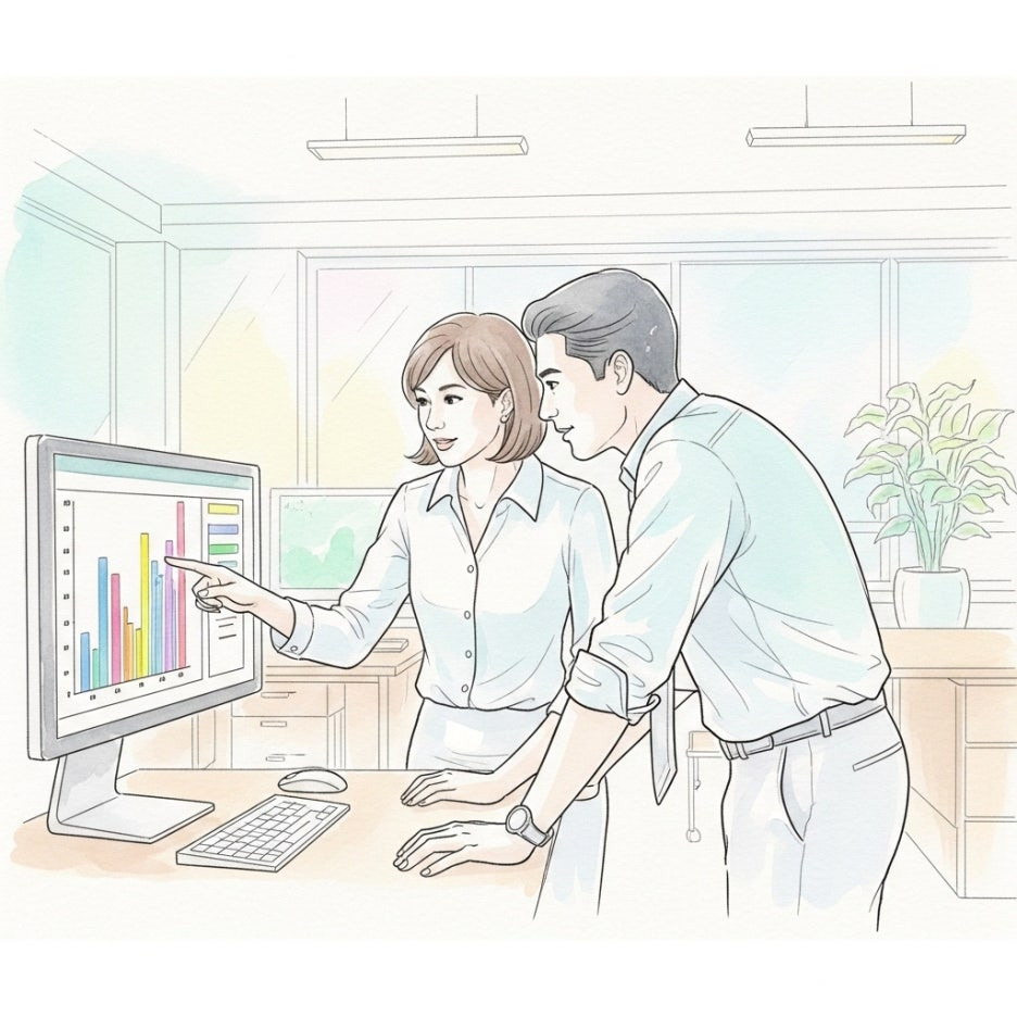 사무실에서 함께 모니터를 바라보는 남녀의 모습