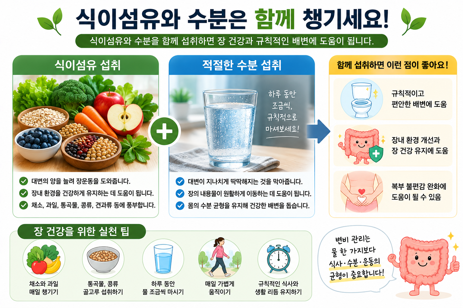 식이섬유 식품과 물을 함께 챙기는 생활습관 안내 그림