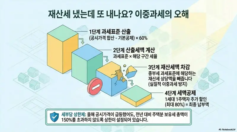 종부세 과세대상: 종부세 계산방법을 4단계(과세표준 산출&amp;#44; 산출세액 계산&amp;#44; 재산세액 차감&amp;#44; 세액공제 적용)로 정리한 인포그래픽. 이중과세 공제 구조와 세부담 상한제 150% 적용 내용을 단계별 블록 형태로 시각적으로 전달하는 이미지