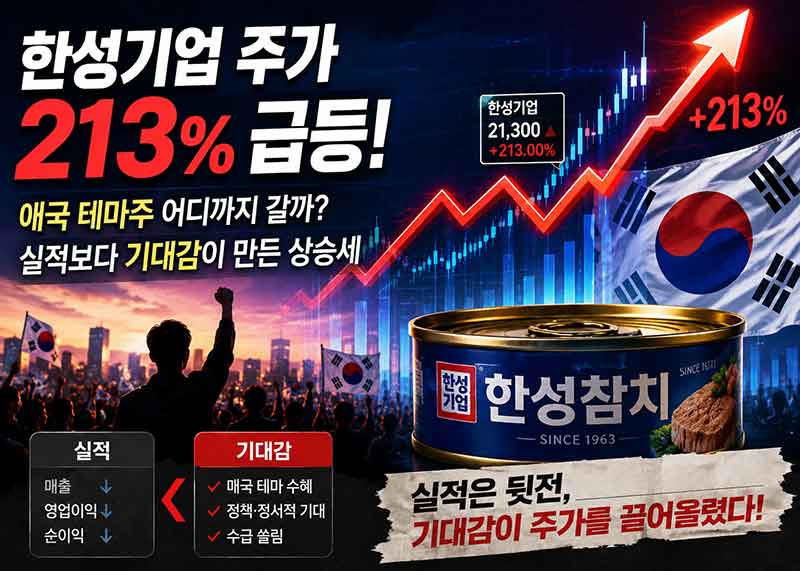 한성기업 주가 213%급등을 표현한 이미지 입니다