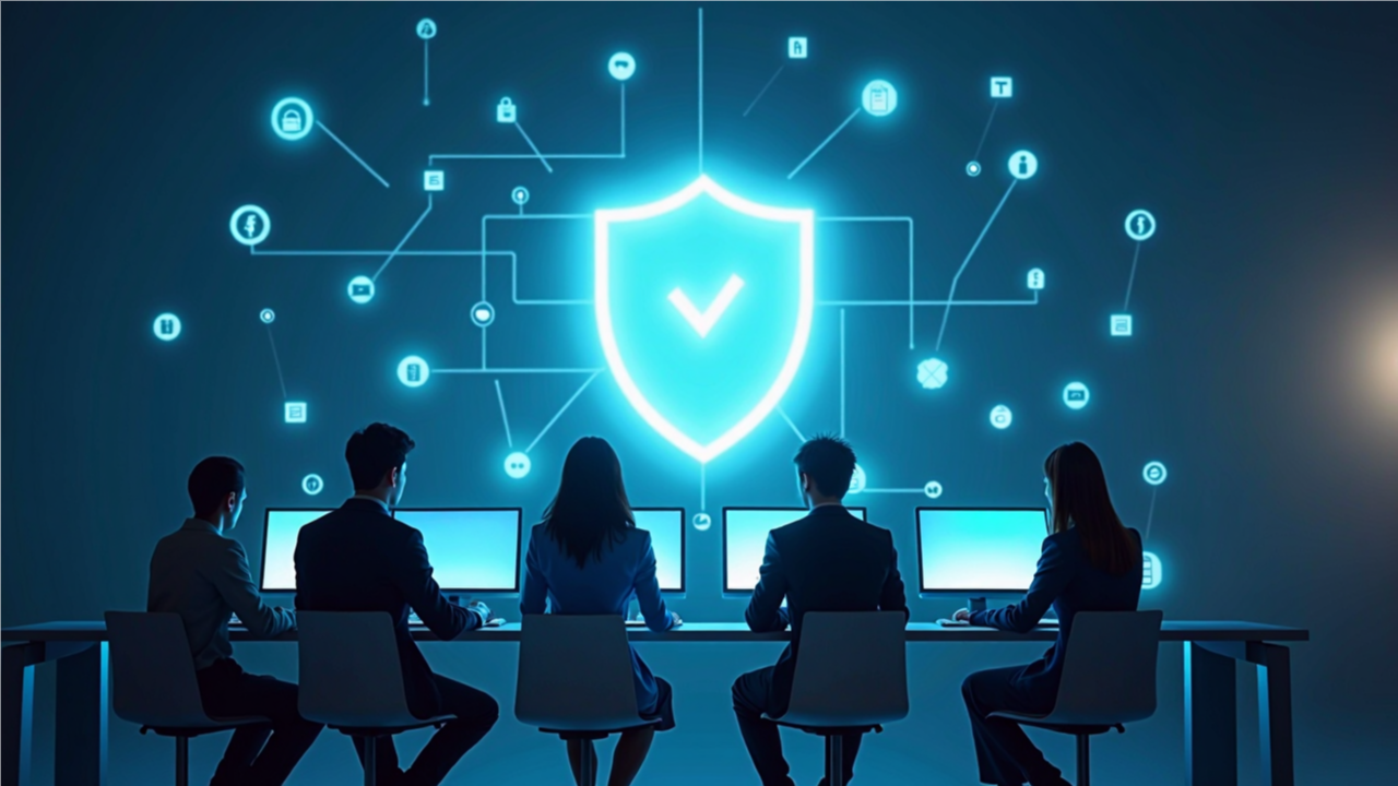 회의실에서 사람들이 테이블 주위에 모여 AI가 요약한 회의 내용을 화면으로 확인하며 논의하는 모습