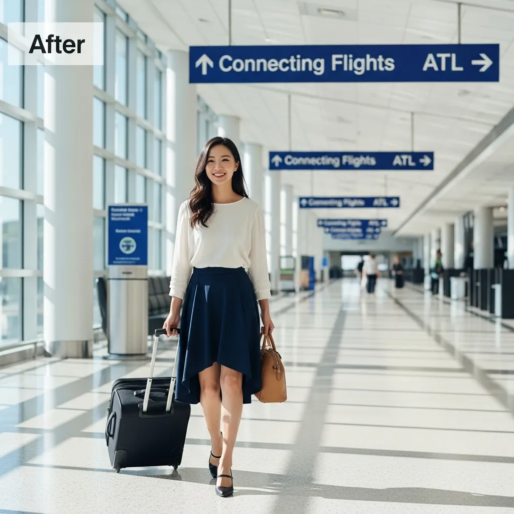 대한항공 IRBS 시행 후, 한 여성 승객이 가벼운 발걸음으로 애틀랜타 공항을 통과하는 모습