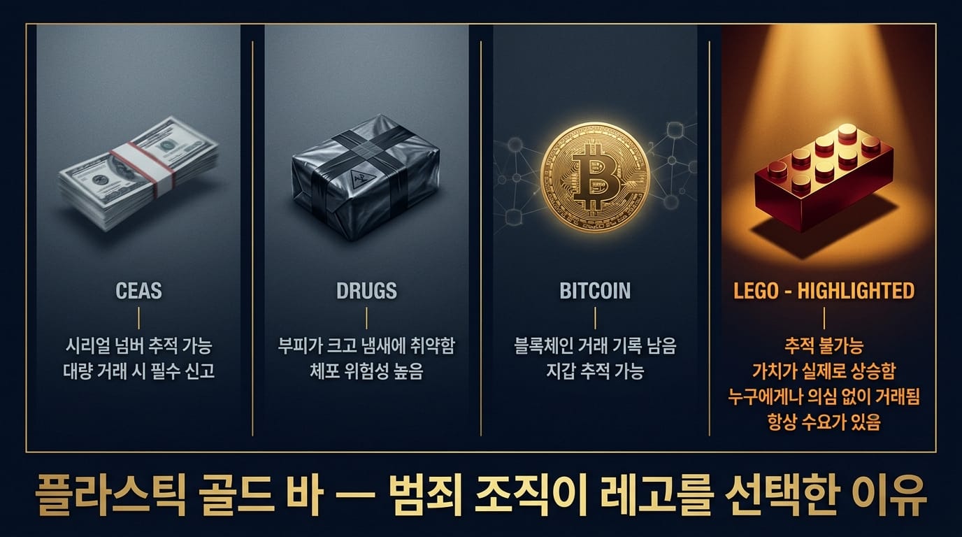 현금 마약 비트코인 레고 범죄 화폐 비교 플라스틱 금괴 인포그래픽