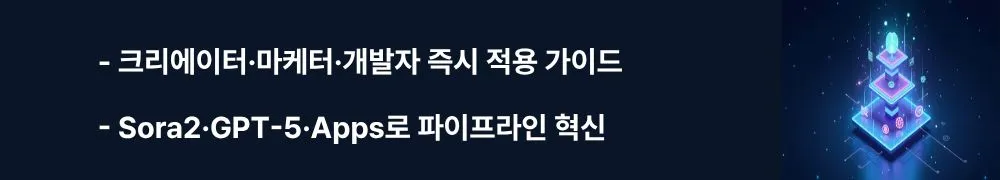 &ldquo;크리에이터&middot;마케터&middot;개발자 즉시 적용 가이드&rdquo;&rsquo;라는 문구가 포함된 웹배너 이미지. 이 이미지는 각 직군의 적용 포인트를 시각적으로 전달하며, 블로그의 실전 전략 섹션과 관련된 내용을 설명함 (workflow, Sora 2, GPT-5 Pro, Apps SDK)