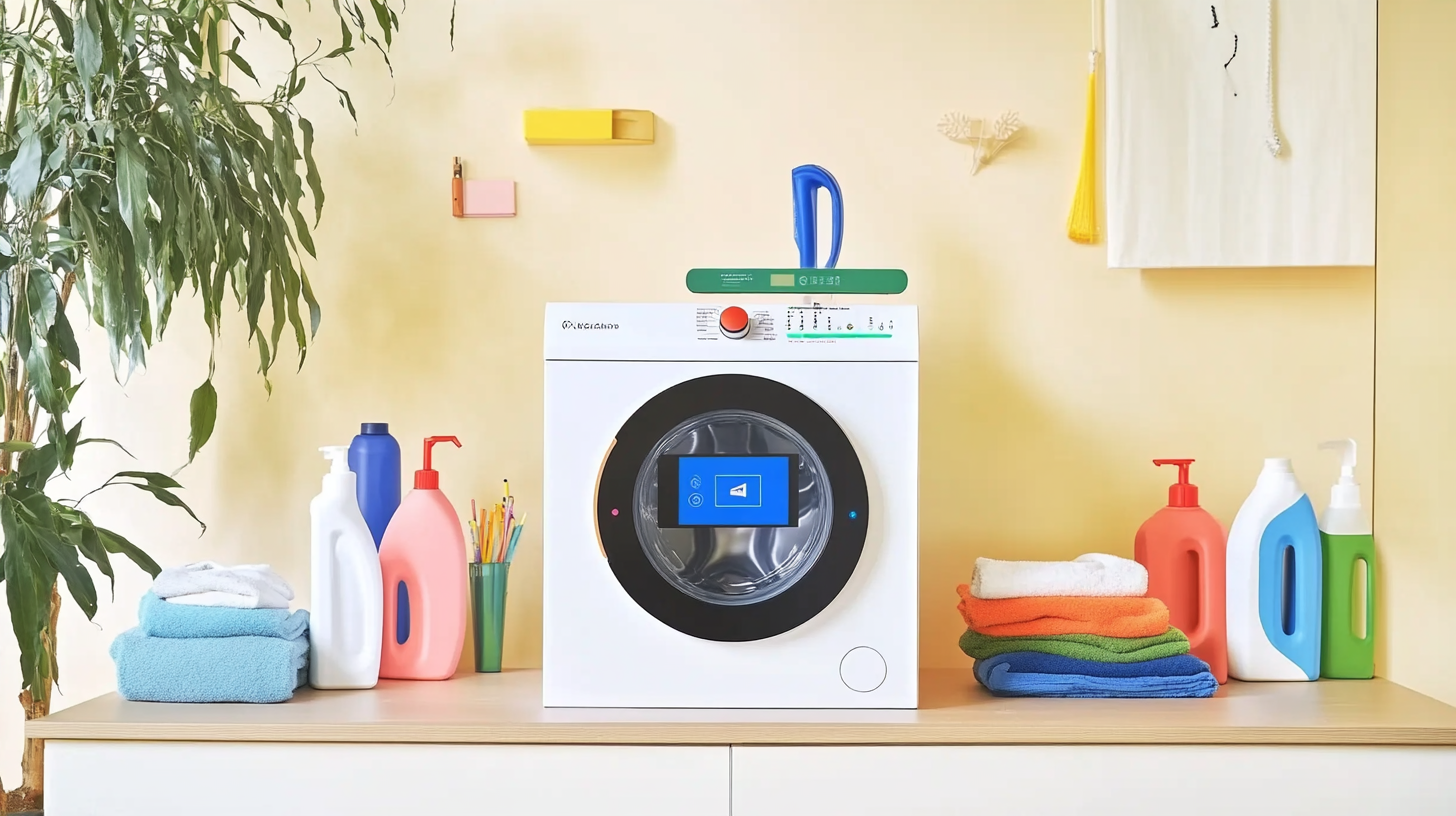 다양한 가정용 세탁물로 둘러싸인 AI 기반의 스마트 인터페이스를 갖춘 세탁기의 모습이 현대적인 유틸리티 룸에서 보임