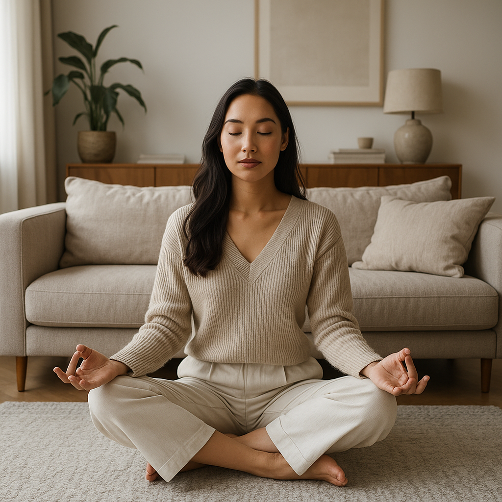 거실에서 명상하는 여성의 이미지 (맨탈 회복력을 위한 루틴)