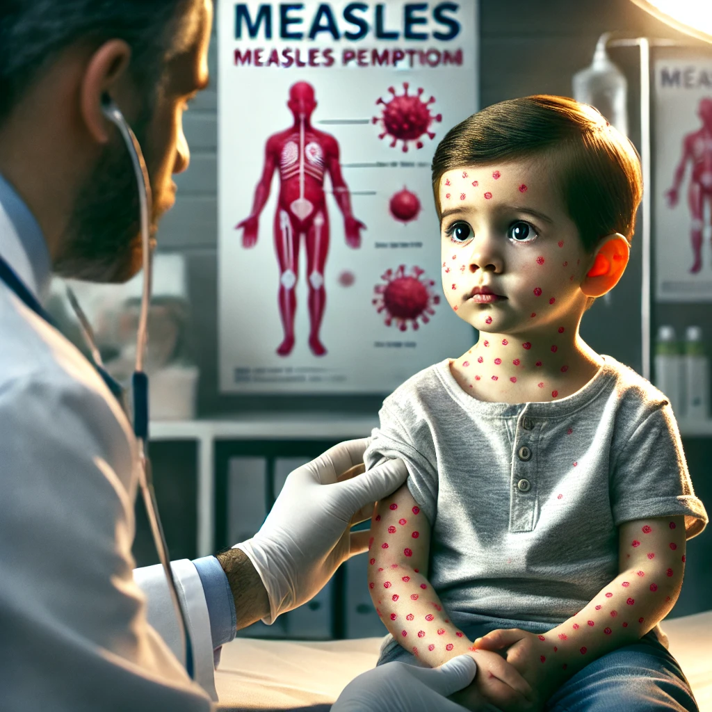 홍역에 걸린 어린이가 진료 받는 모습