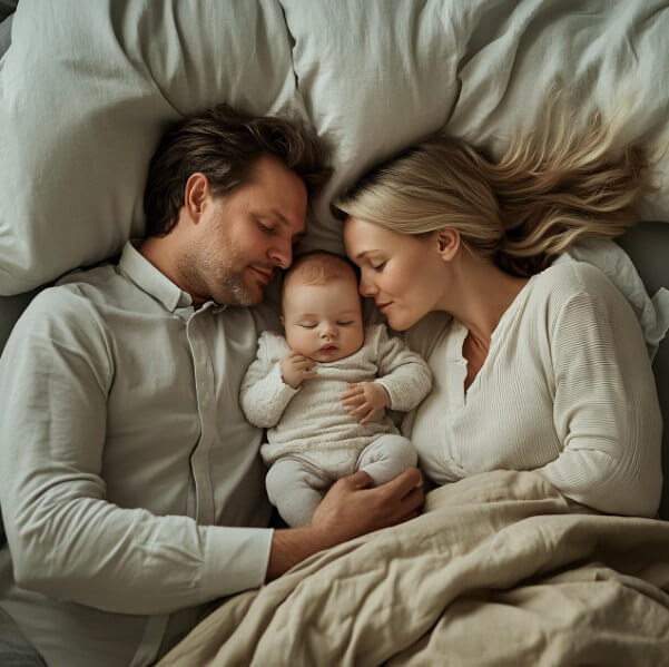 침대에 아이를 가운데 눕히고 양 옆에 부모가 누워 있는 모습