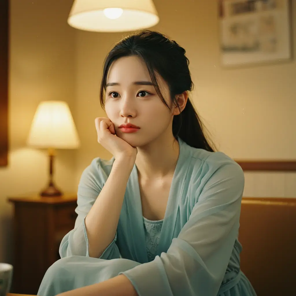 침대에 앉아 사색에 잠긴 듯한 표정의 예쁜 동양인 여성의 실내 초상화