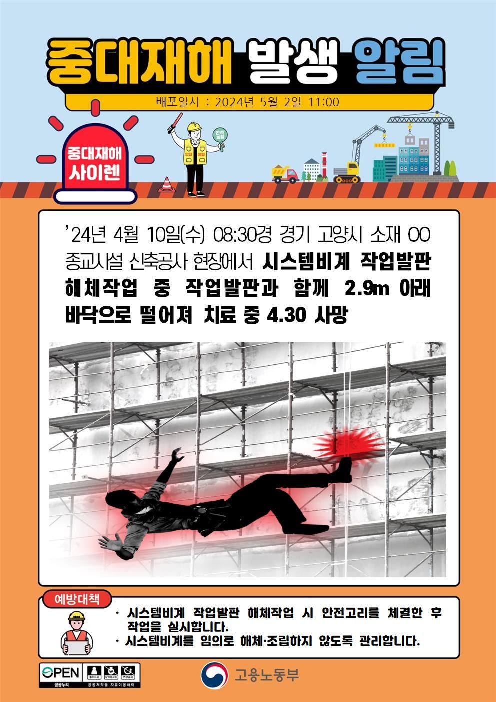 시스템비계 작업발판 해체 작업 중 떨어짐(2.9m)