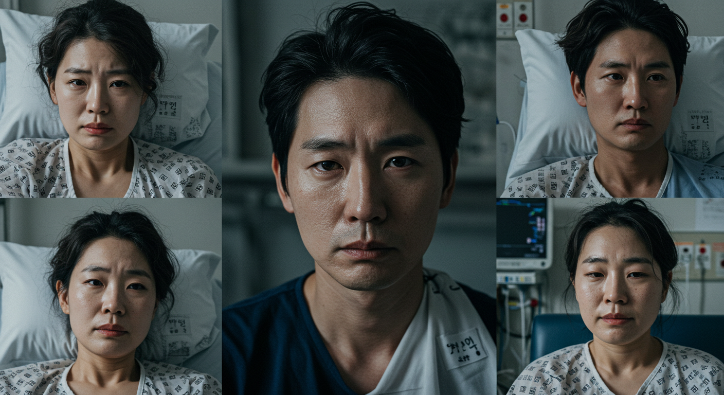 해외 병원 응급실에서 고통스러워하는 한국인의 얼굴과 높은 의료비.