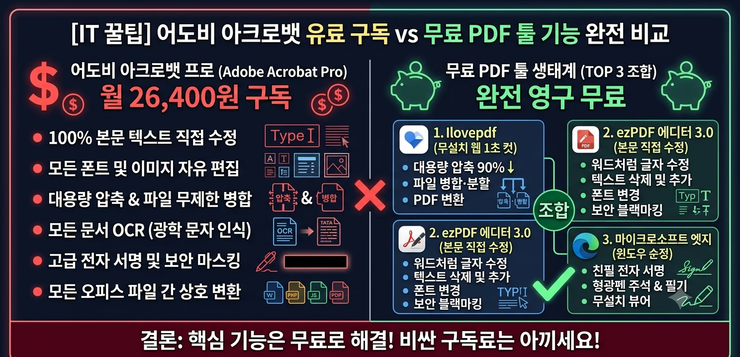 어도비 아크로뱃 프로 유료 구독 비용과 무료 PDF 편집 프로그램 기능 비교 인포그래픽
