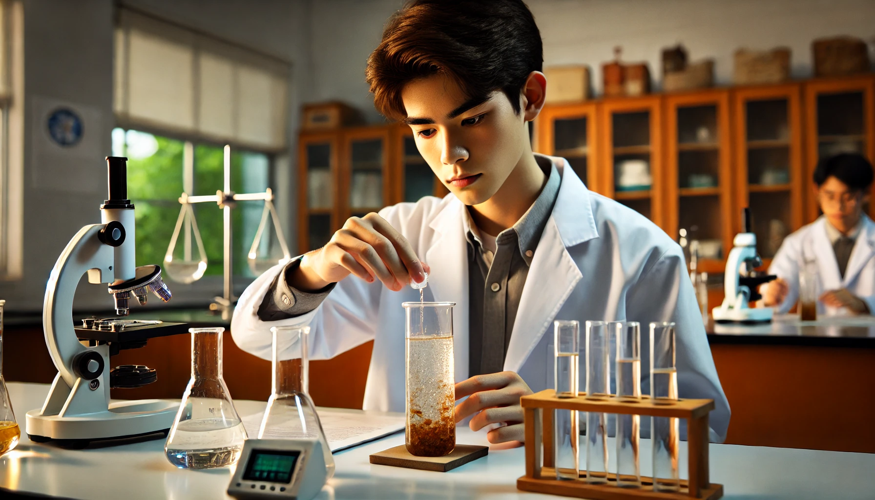환경 실험을 하는 고등학생 – 실험복을 입고 폐수 정화 실험에 몰두한 모습