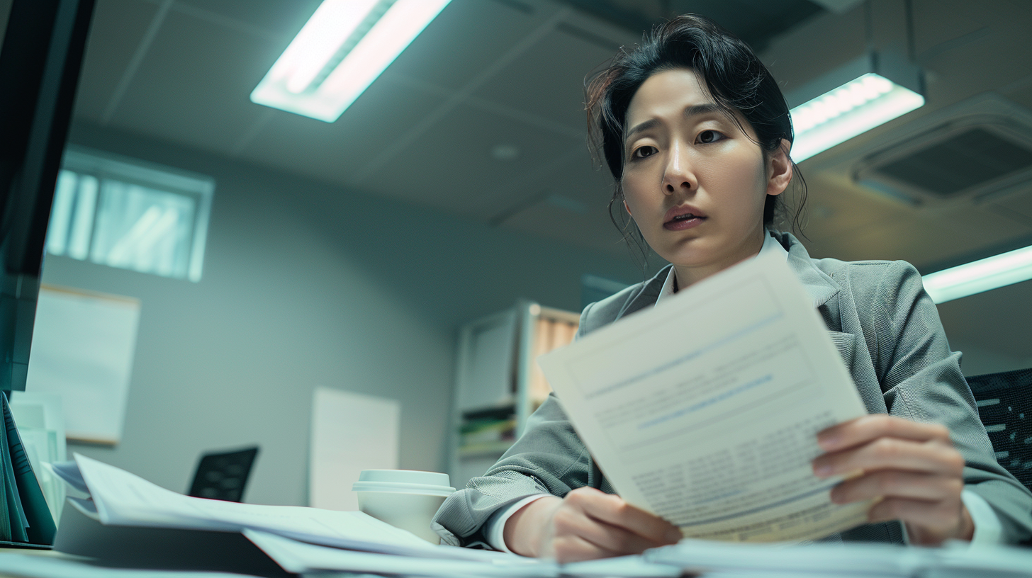 억울함을 참고 혼자 서류를 들여다보는 장면