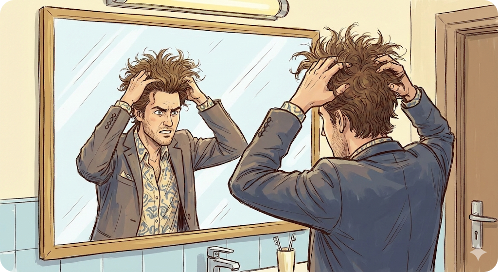 거울 앞에서 부스스한 머리를 만지며 고민하는 스타일리시한 남성의 일러스트