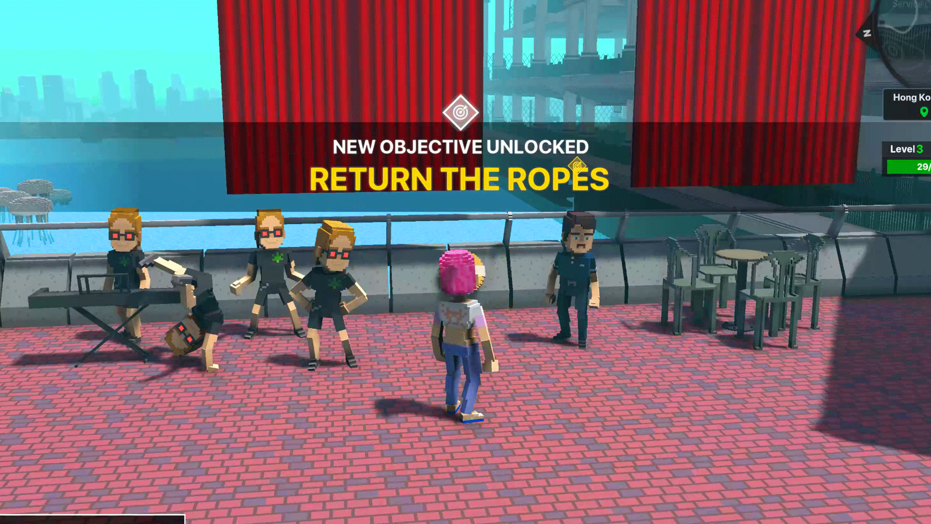 버스킹 하는 무리 옆에 서있는 아저씨와 대화하고 있다.