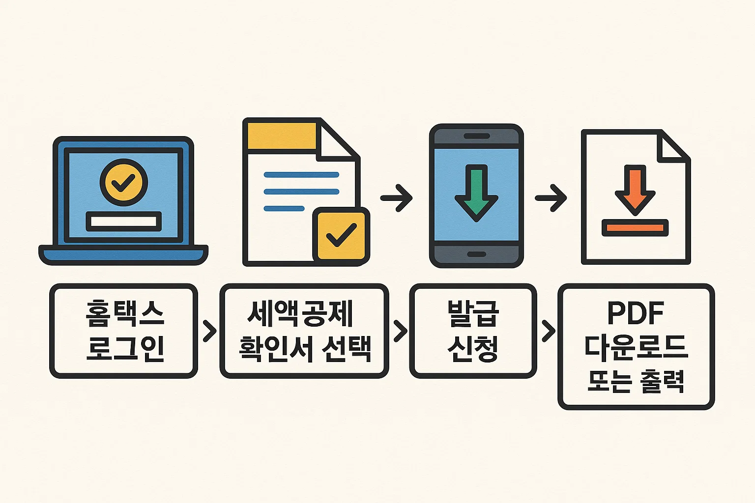 홈택스 로그인부터 세액공제 확인서 선택, 발급 신청, PDF 다운로드 또는 출력까지 단계별 절차를 설명한 발급방법 인포그래픽입니다.