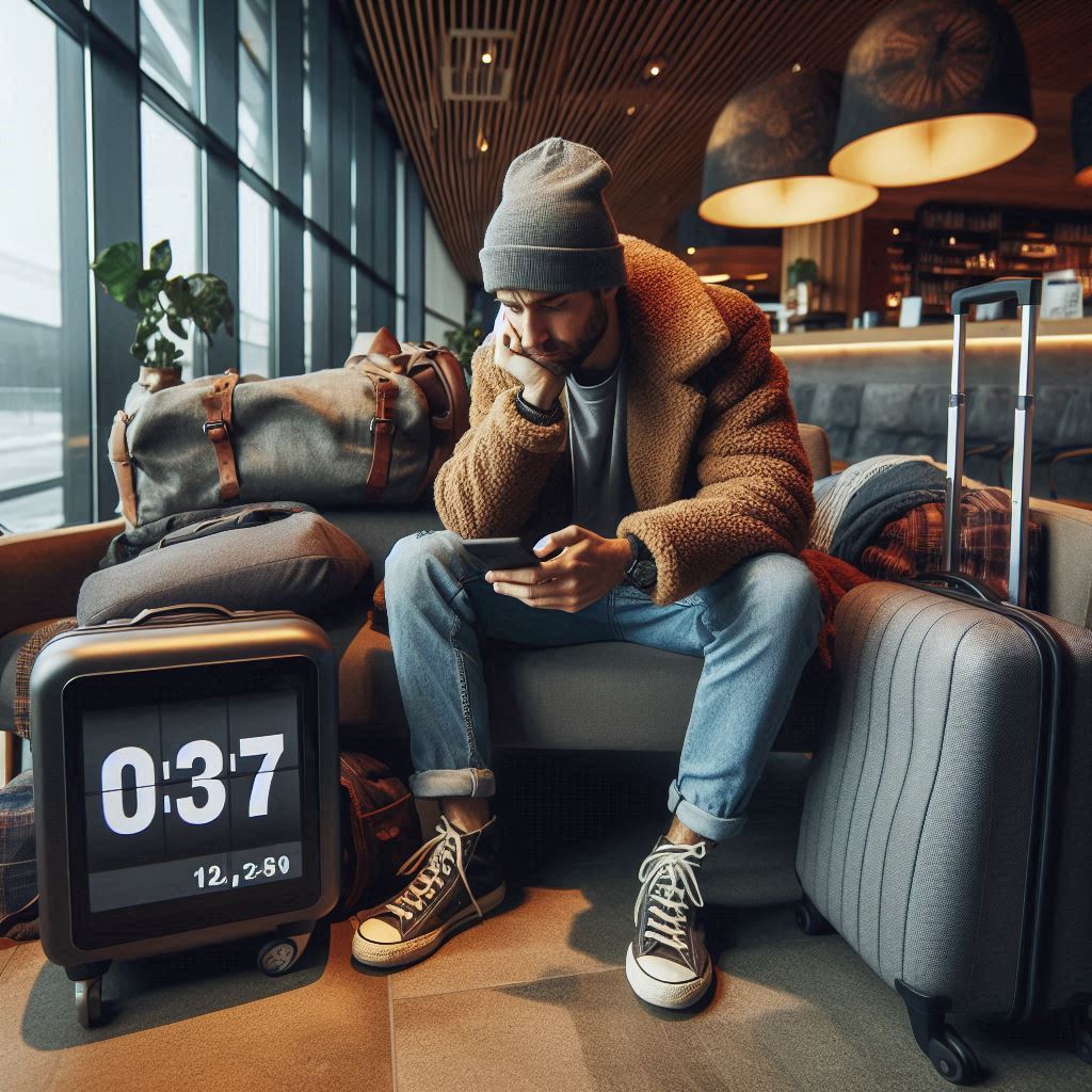 A tired traveler waiting in a hotel lobby with luggage, digital clock showing early morning arrival. Cozy but slightly frustrating mood.