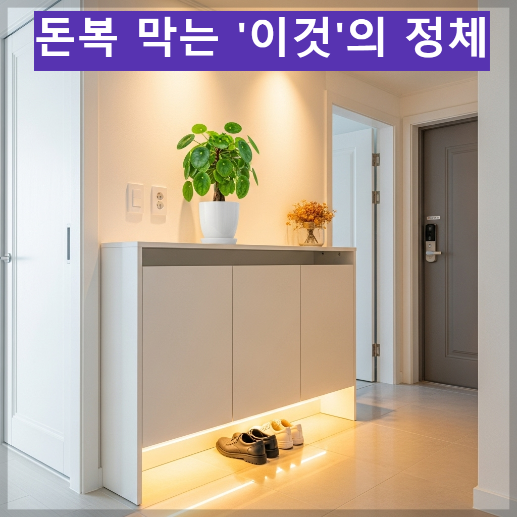 한국식 아파트 현관 신발장 위에 싱그러운 초록색 관엽 식물 화분이 놓여 있고 조명이 환하게 비추는 깨끗한 모습